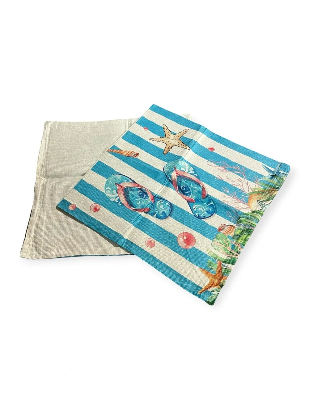 NWT! Summer Blue Striped with Flip-Flop & Starfish Print on Canva Pillow Covers